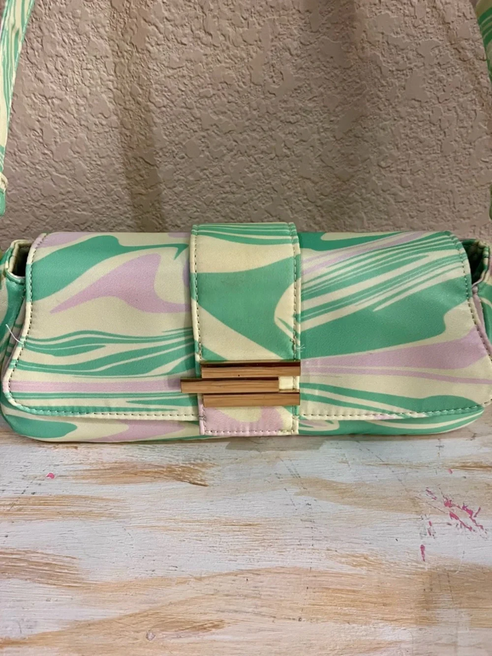 70’s inspired Stylish Pastel Swirl Shoulder Bag - Mint & Pink - Picture 3 of 7